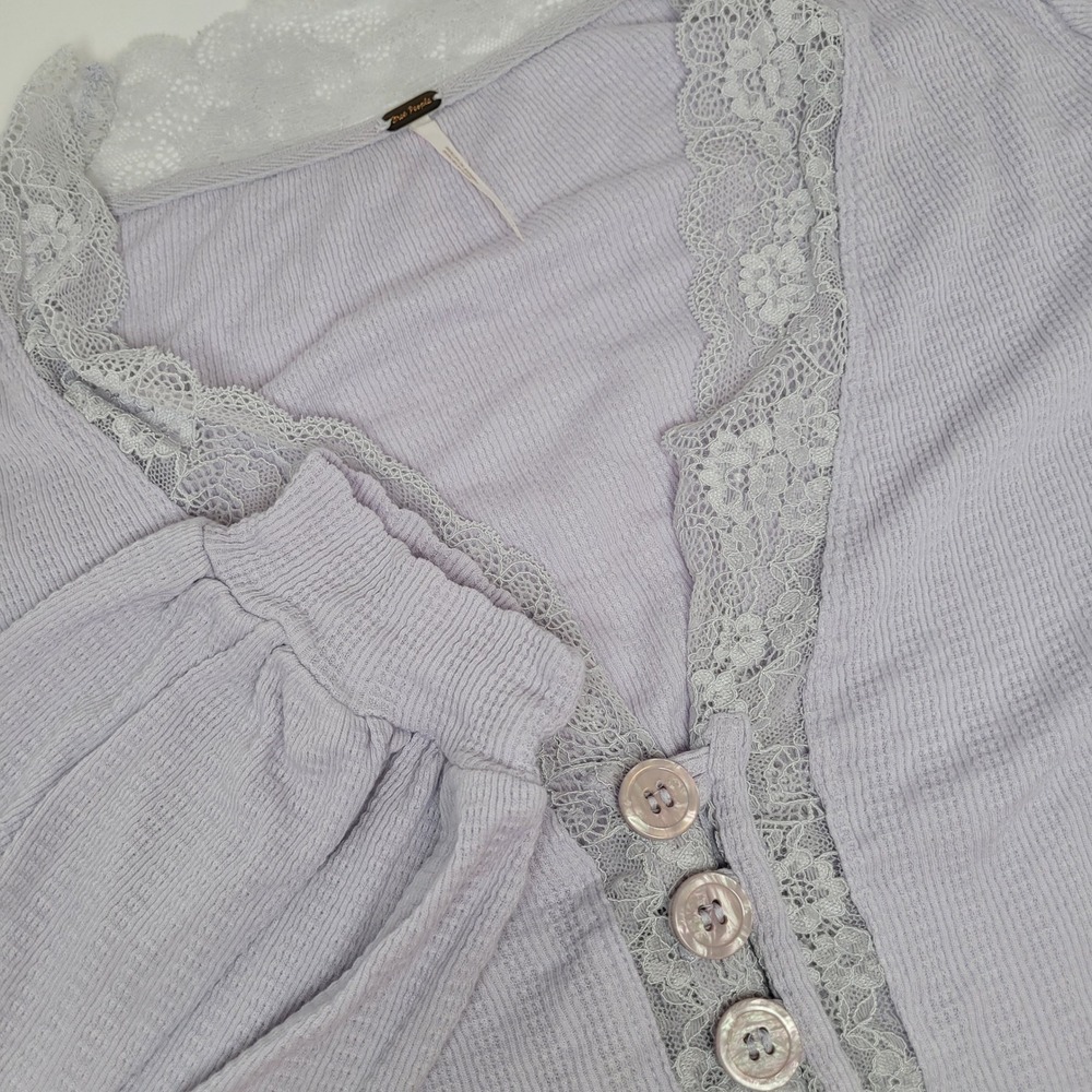 Free People Thermal Top Womens Large Lavender Excellent Lace Trim Balloon Sleeve